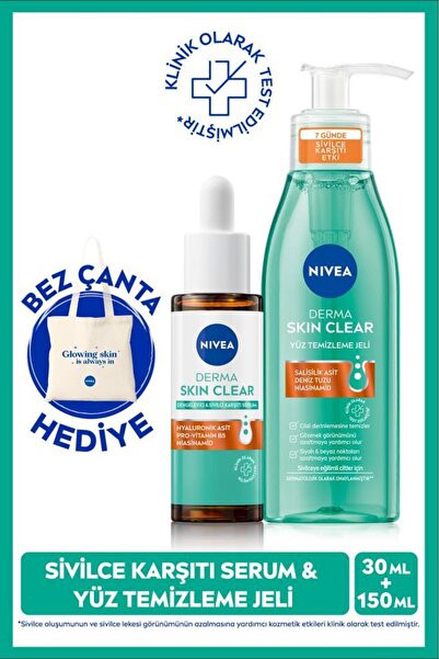 NIVEA Derma Skin Clear Karşıtı Dengeleyici Serum 30ml, Yüz Temizleme Jeli 150ml Ve Çanta Hediyeli