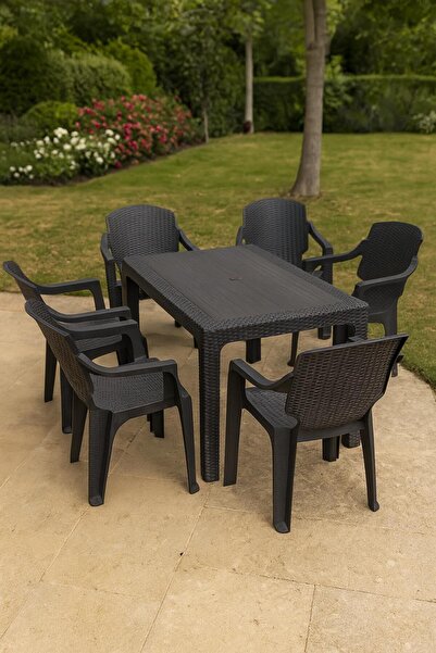 Çavdar Group Zeugma 75x125 Raddan Desenli 6 Kişilik Masa Takımı Queen Koltuk Bahçe Teras Set