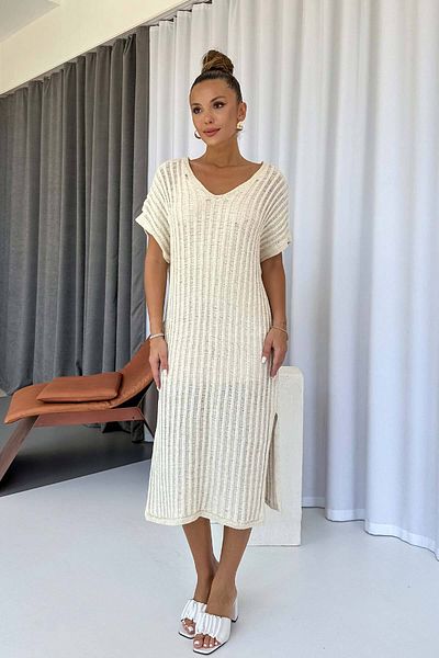 Mine Tan Butik Short Sleeve V-Neck Self-Lined Knitwear Dress - Ecru