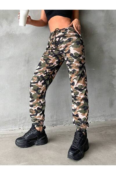 Esinty Kadın Kamuflaj Beli Lastikli Kamuflaj Desen Kargo Pantolon