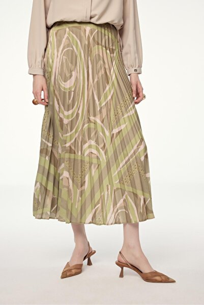 Zühre Patterned Pleated Green Skirt Etk-0155