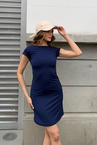 la & vetta Navy Blue Backless Short Sleeve Mini Dress
