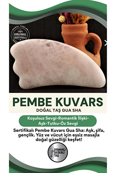OSMANLI DEĞERLİ TAŞ Sertifikalı Pembe Kuvars Doğal Taşı Gua Sha Kaz Ayağı Yüz...