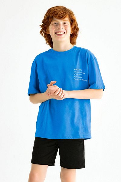 zepkids Tricou pentru băiat cu mânecă scurtă cu decolteu rotund imprimat de culoare albastră