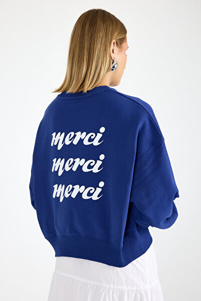 Merci Sırt Baskılı İndigo Bisiklet Yaka Pamuklu 3 İplik Şardonsuz Kadın Sweatshirt