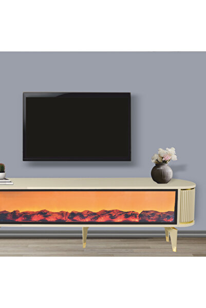 Nevamobilya Talia Şömineli Tv Sehpası Cappuccino Gold Oval Bluetooth Hoparlörlü 7 Renk Efektli 160x40x50 Cm