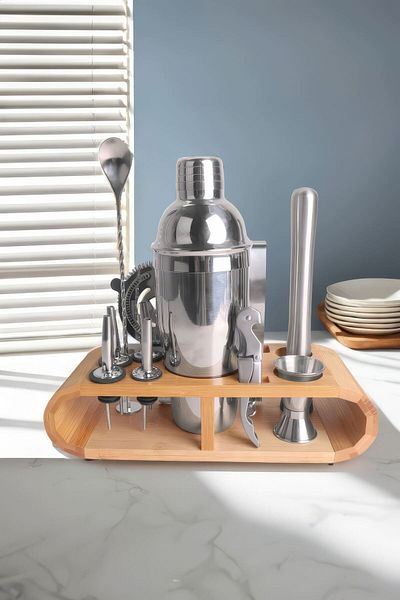 Weather Forecast 12 Pieces Steel 750ml Shaker Set - Jigger Knocker Bartender Kit with Wooden Stand
