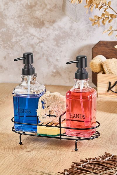Kitchen Life Suport de săpun din sticlă din 2 piese cu compartiment din burete și suport metalic oval - dozator de detergent pe blat