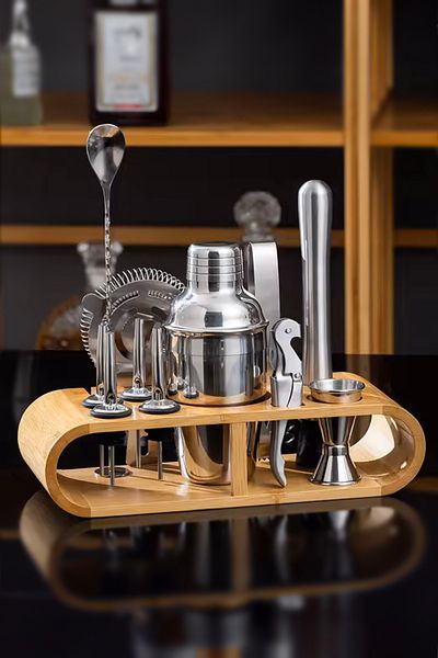 Weather Forecast 12 Pieces Steel 750ml Shaker Set - Jigger Knocker Bartender Kit with Wooden Stand