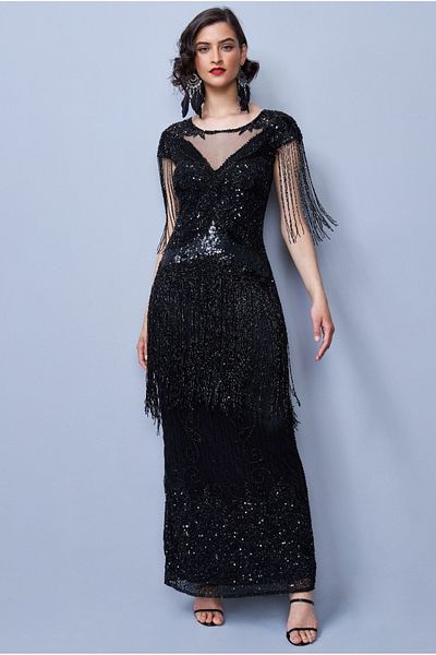 GATSBYLADY LONDON Ethel Maxi Fringe Gown in Black