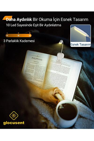 Glocusent Şarjlı LED Masa, Kitap Lambası Çalışma, Okuma, Tamirci Ergonomik Esnek Şarjlı Type C Beyaz