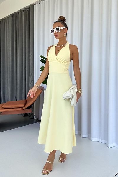 Mine Tan Butik Elegant Long Women's Dress with Neck Detail - Yellow