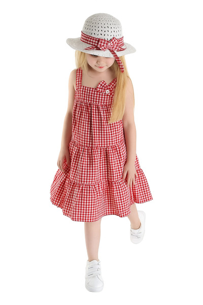 Midani Store Summer Girl's Dress Set with Straw Hat - Plaid Pattern (4-10) Years