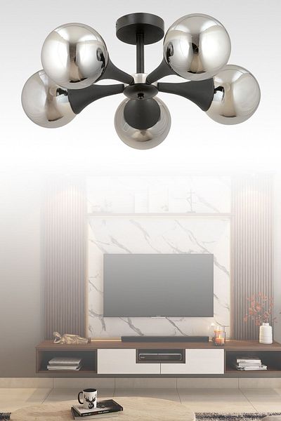 ESSLİGHT Eva 5-Piece Plafonier Chandelier (Smoked Glass) Living Room Bedroom Kitchen Young Room