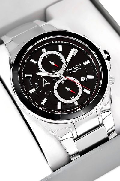Ferrucci Men Wrist Watch Function Silver-Black Color 3 Atm Waterproof with Bracelet Gift Sdfer0