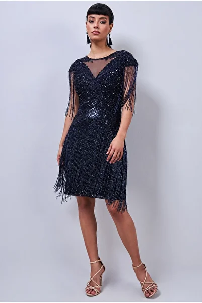 GATSBYLADY LONDON Sybill Fringe Flapper Dress in Navy