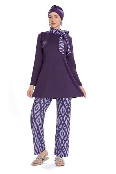 Starinci Mayo Costum de baie Hijab Lycra Pantaloni violet cu modele și detaliu eșarfă