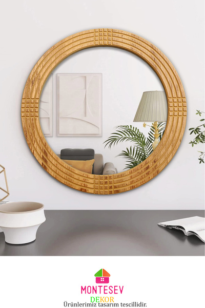 MONTESEV Safir Ahşap Dekoratif Ayna Yuvarlak Ayna Işlemeli Ahşap Duvar Aynası - 69 Cm