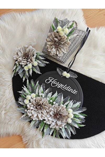 Serçeden Ahşap kapı süsü, paspas ve sepet 3 parça takım