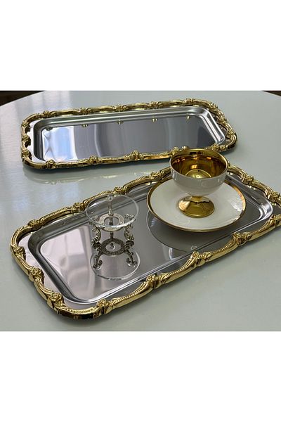 Elzemm store 2 Pcs Steel Large Rectangular Gold Frame Service Tray 17*33 cm