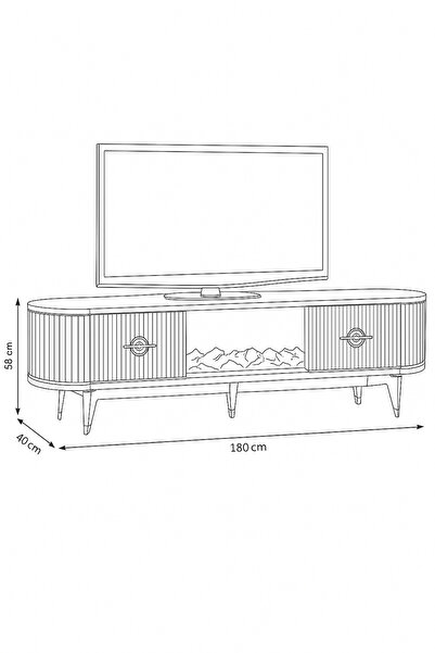 Nevamobilya Maya Şömineli Tv Sehpası Antrasit Gold Şeritli Oval Tasarım Alev Efektli 2 Çekmeceli 180x40x53 Cm
