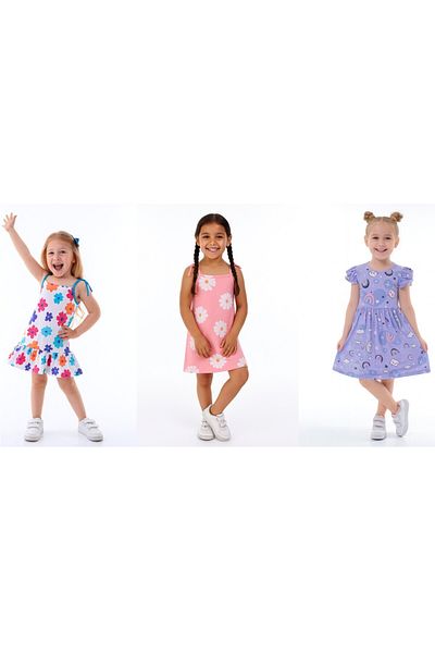 minikiss 3 Pieces Summer Printed Lycra Single Jersey Fabric Girl's 3-Piece Dress
