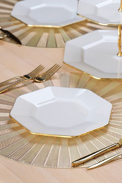 Glore Octagonal Cream Gold Gilt Glass Cake Plate Set for 6 Persons