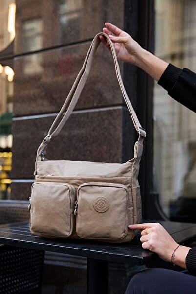 Sanmorris Women's Waterproof Parachute Fabric Multi-Compartment Adjustable Beige Cross Strap Shoulder Bag