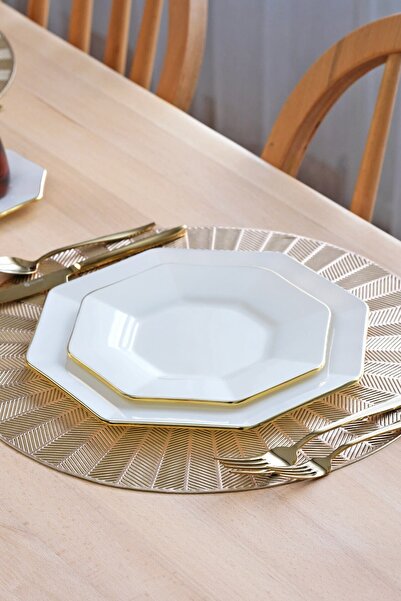 Glore Octagon Cream Gold Gilded 34 Piece Cake Serving Set for 6 People
