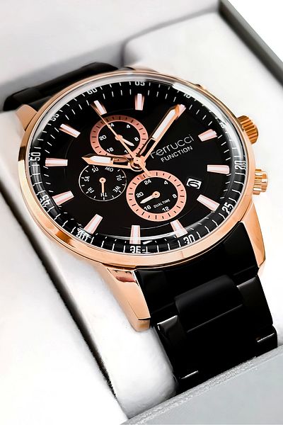 Ferrucci Function Men's Wristwatch Black Color Steel Band and Rose Case, Sdfer004