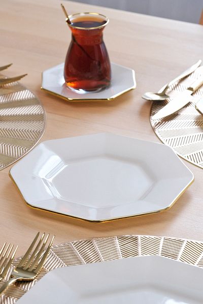 Glore Octagonal Cream Gold Gilt Glass Cake Plate Set for 6 Persons