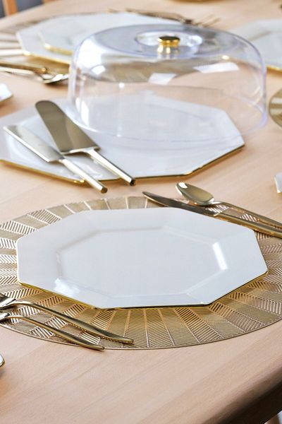 Glore Octagonal Cream Gold Gilt Glass Serving Plate Set for 6 Persons