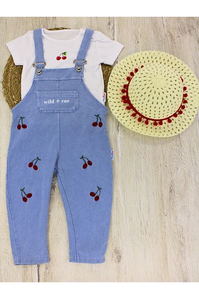 EYMİRGİYİM Straw Hat Cherry Embroidered Denim Salopet Baby Girl Child Set of 2 6-9Months, 9-12Months, 12-18Months, 18-24Months