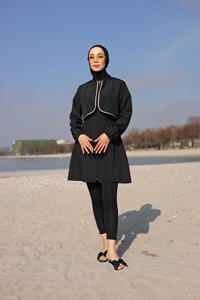 GAVLİA Nera Cream Bias Black Hijab Swimsuit Set (Top Tights Bag) – Set of 3