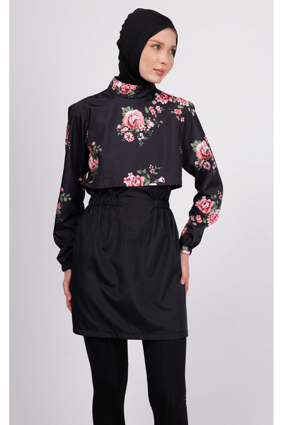 GAVLİA Niva Floral Patterned Hijab Swimsuit Set – Set of 4 with Tights (Boneli)