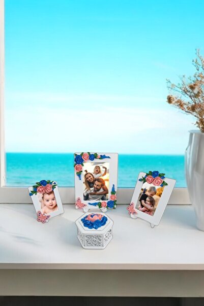 AYDİZAYN Polyester Photo Frames and Candy Holder with Rose and Butterfly Motifs