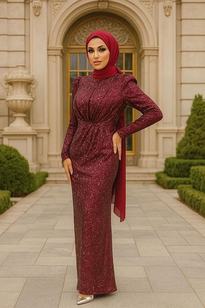 Neva Style Βραδινό φόρεμα Hijab με παγιέτες μπορντό 3976br