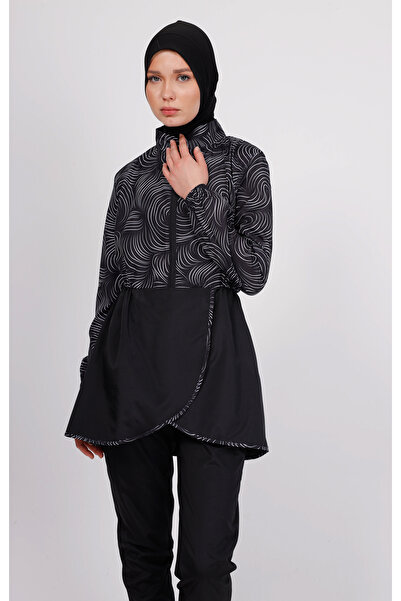 GAVLİA Runa Black and White Wave Patterned Hijab Swimsuit Set – Set of 4 Parachute Pants (with Beret)