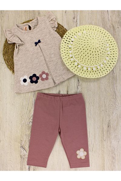 EYMİRGİYİM Straw Hat Flower Embroidered Baby Girl Children's Short Sleeve 3-Piece Set 9-12Months, 12-18Months, 1-2Years, 2-3Years