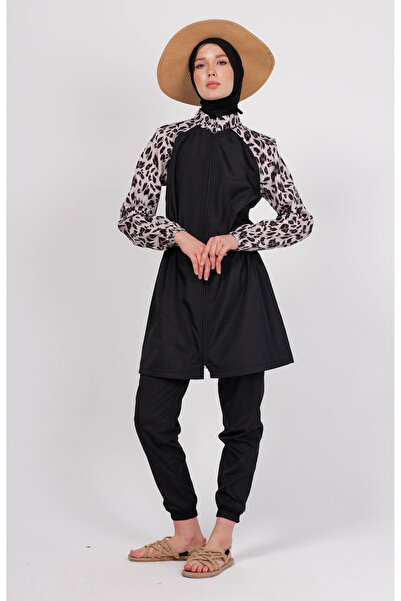 GAVLİA Mira Leopard Patterned Hijab Swimsuit Top (Single) - Bag Gift