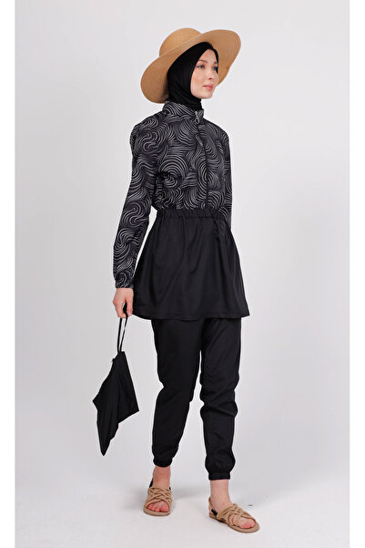 GAVLİA Sore Black and White Wave Hijab Swimsuit Top (Single) - Bag Gift