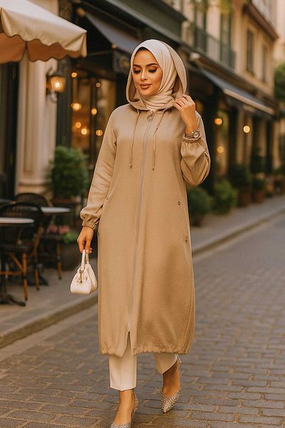 Neva Style Șapcă Hijab Bej cu fermoar - 70792BEIG