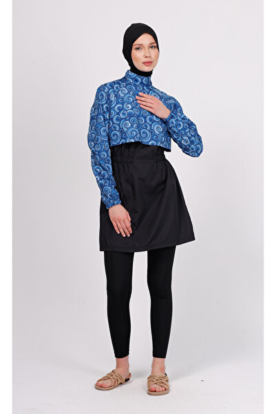 GAVLİA Niva Blue Spiral Patterned Hijab Swimsuit Set – Set of 4 with Tights (Boneli)