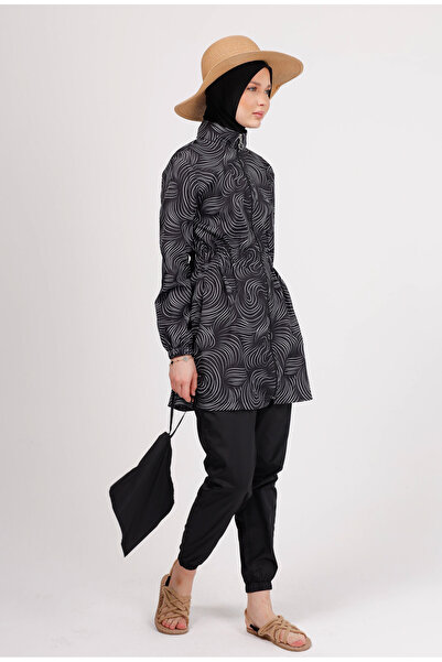 GAVLİA Nuu Black and White Wave Hijab Swimsuit Set (Top + Pants + Bag) – Set of 3 with Parachute Pants