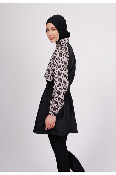 GAVLİA Niva Leopard Patterned Hijab Swimsuit Set – Set of 4 with Tights (Boneli)