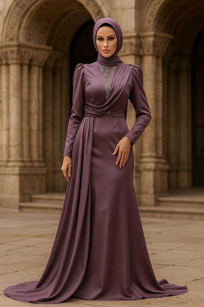 Neva Style Βραδινό φόρεμα Dusty Rose Satin Hijab με ουρά 22891gk