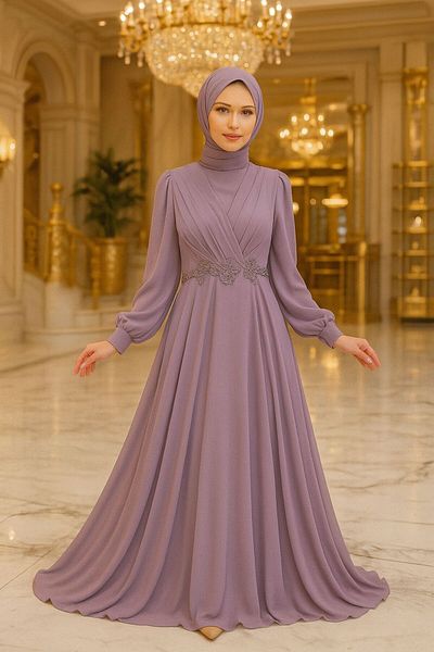 Neva Style Lace Detailed Light Lilac Hijab Evening Dress 3435Alıla