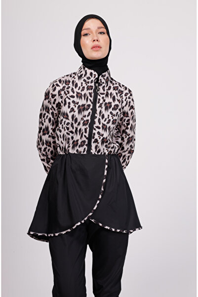 GAVLİA طقم ملابس سباحة حجاب منقوشة بنقشة الفهد من رونا - طقم مكون من 4 قطع مع...