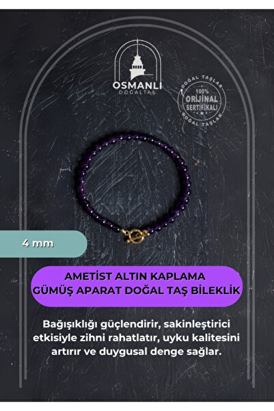 OSMANLI DOĞAL TAŞ Sertifikalı Ametist Altın Kaplama Gümüş Aparat Doğal Taş Bi...