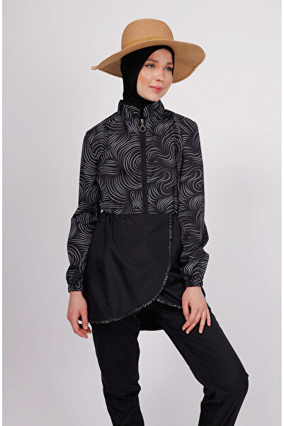 GAVLİA Runa Siyah Beyaz Dalga Tesettür Mayo Üstü (TEKLİ) - Çanta Hediye